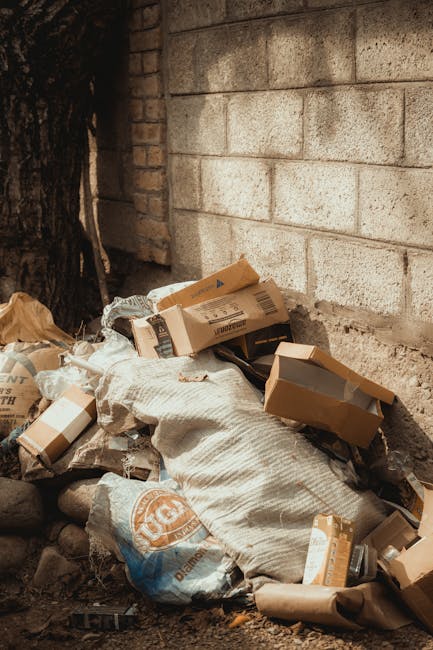 A pile of mixed waste including cardboard boxes, paper bags, and plastic packaging is accumulated against a rough brick wall and a concrete block wall in an outdoor area, possibly near a building's foundation or a back alley. The cardboard boxes vary in size, some are flattened while others are partially collapsed, with visible printed labels and brown kraft finishes. There are crumpled paper bags and plastic packaging among the debris, with some items leaning against a textured, fabric-like sack or bag. Small rocks and dirt are scattered around the base of the pile, which appears untidy and could be part of an informal rubbish collection or on-site waste disposal. The surrounding environment includes a large tree trunk partially visible on the left side, suggesting an outdoor setting. Bright natural daylight illuminates the scene, revealing the rough texture of the brick and concrete surfaces. This scene exemplifies the type of waste that might require professional rubbish removal services, such as those provided by Rubbish Collection, for proper clearance or alternative waste handling approaches.